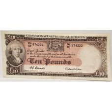 AUSTRALIA 1954 . TEN 10 POUNDS BANKNOTE . COOMBS/WILSON . FIRST PREFIX WA00